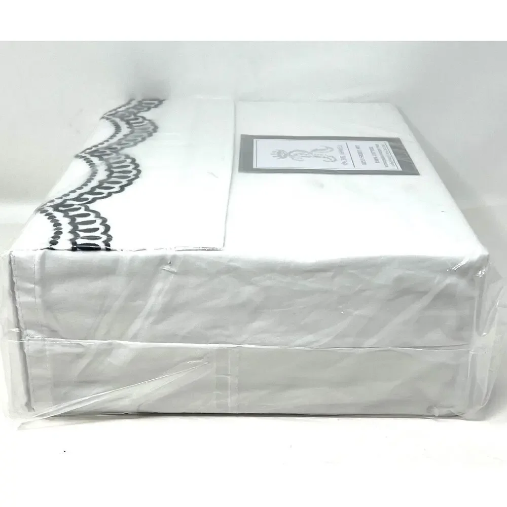 Rachel Ashwell Embroidered Scallop KING Sheet Set NAVY BLUE White 100% Cotton